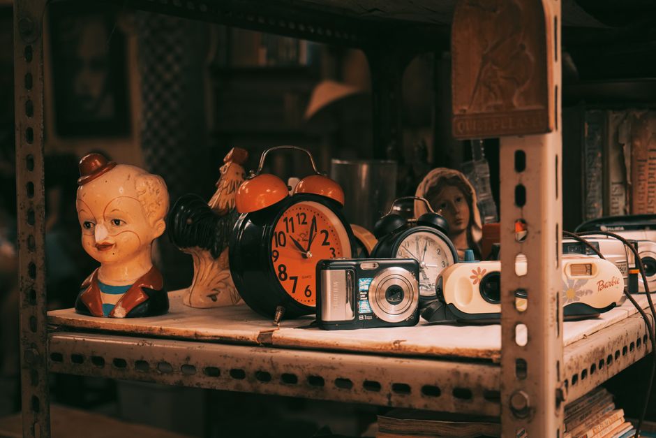 Vintage objects arranged on a shelf